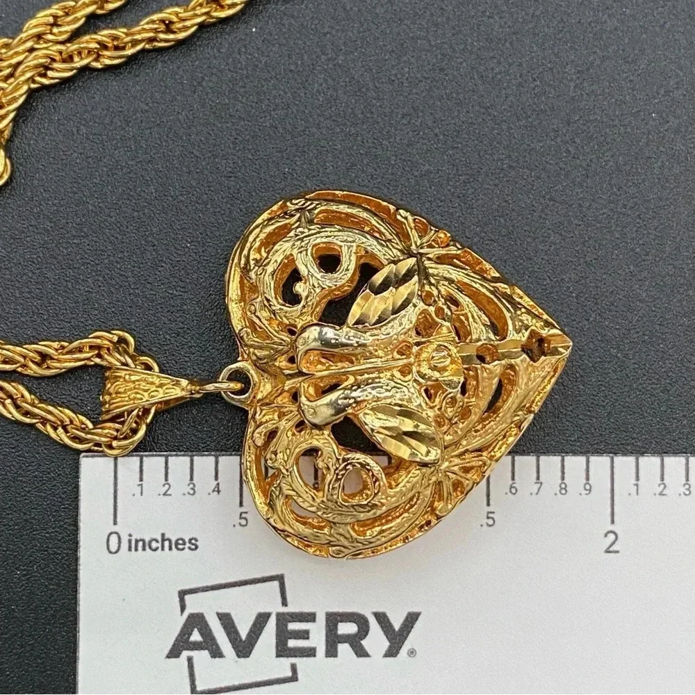 Vintage Puffy Heart Necklace in Gold Tone